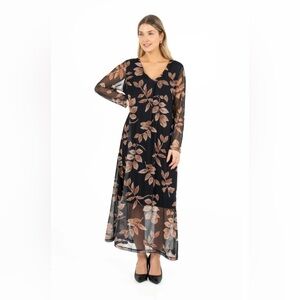 NWT M Made in Italy‎ Autumn Branches Floral Long Sleeve Black Maxi Dress Size M